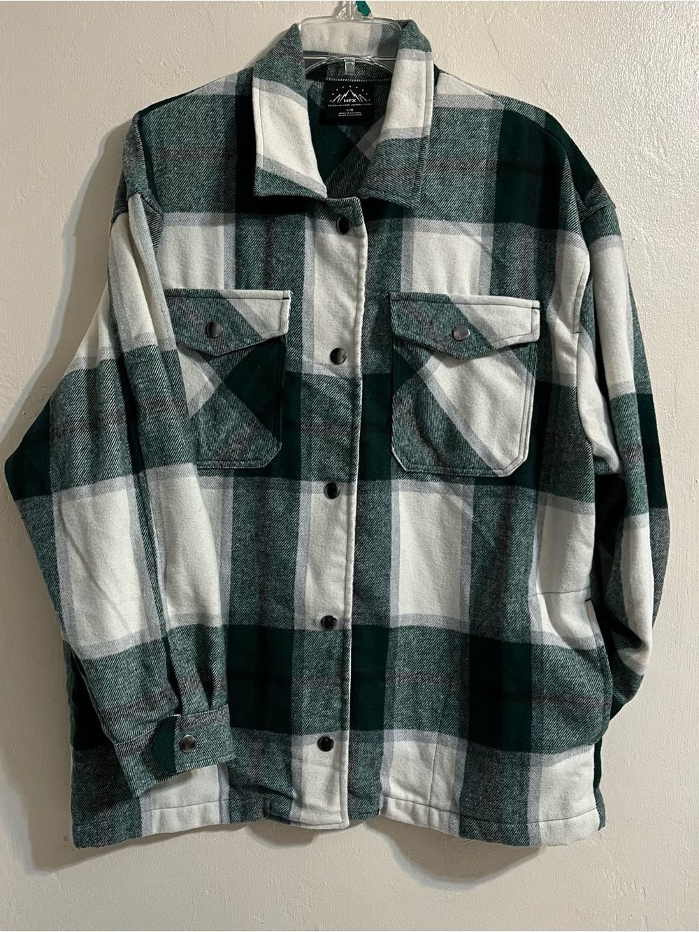 HFX Green & White Plaid Flannel Snap Button -Up Shacket with Pockets